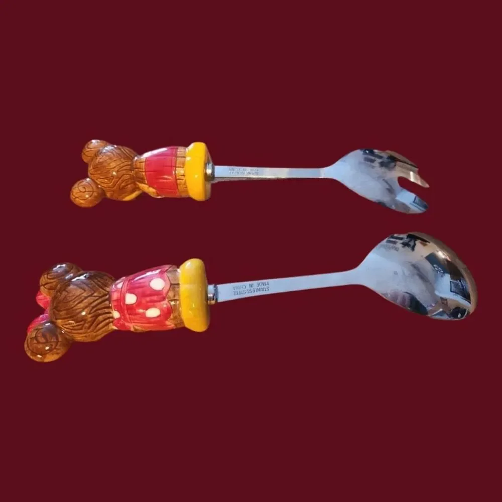 Disney Store Tiki Kingdom Mickey Minnie Mouse Serving Stainless Fork & Spoon Set
